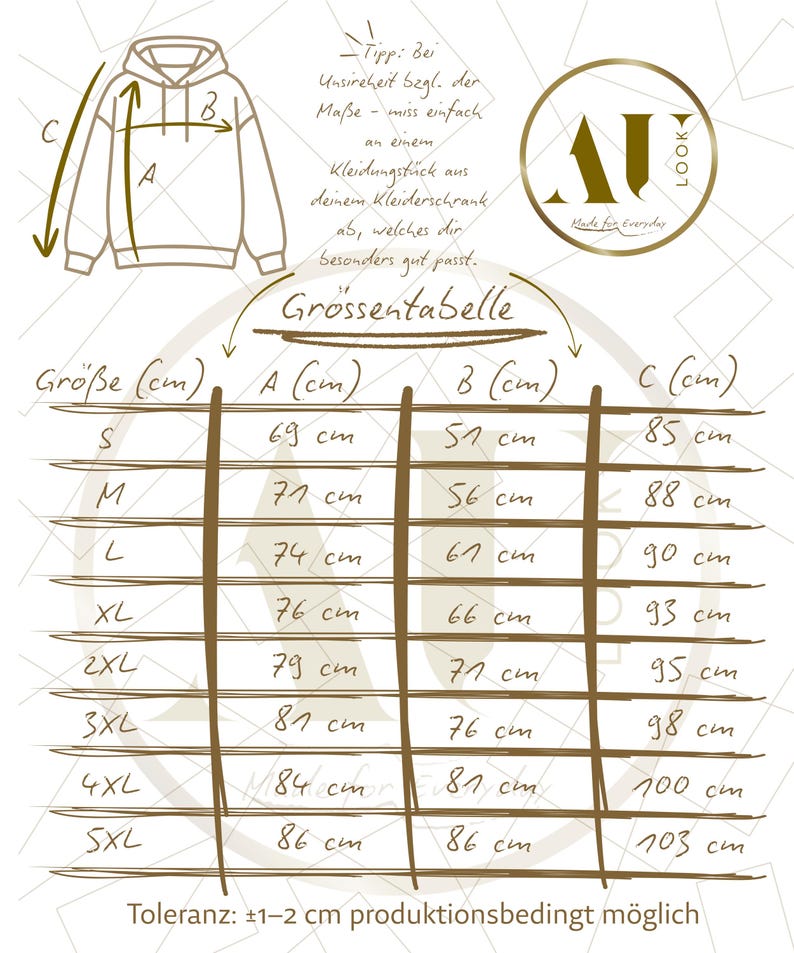 Op de afbeelding: Een maattabel voor een hoodie, met afmetingen in centimeters. De tabel bevat maten S tot en met 5XL, met bijbehorende afmetingen voor A, B en C. De tekst luidt "Made for Everyday" en bevat een logo.