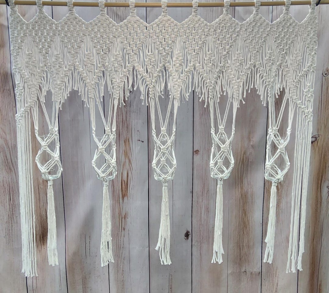 Handmade Macramé Window Curtain Valance With 5 Bud Vases | 46