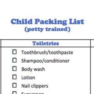 May include: A child packing list for potty-trained children, with sections for clothing, toiletries, and sleeping items. The list includes items like short-sleeved shirts, shampoo, and a pack-and-play mattress. The title is in blue.