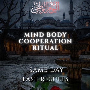 Może przedstawiać: Obraz z tekstem "MIND BODY COOPERATION RITUAL" w białych literach. Obraz zawiera również tekst "SAME DAY FAST RESULTS". Tło przedstawia fontannę, meczet i półksiężyc.