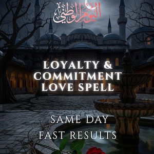 Puede incluir: Imagen con un tema oscuro y gótico. El texto dice "LEALTAD Y COMPROMISO HECHIZO DE AMOR" y "RESULTADOS RÁPIDOS EL MISMO DÍA". Una rosa roja está en primer plano, con una fuente y un edificio tipo mezquita en el fondo.