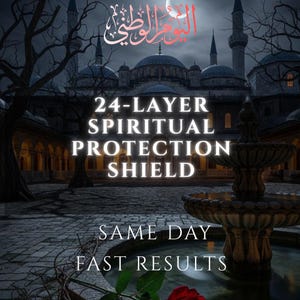 Könnte beinhalten: Nachtaufnahme einer Moschee mit mehreren Kuppeln und Minaretten. Der Text lautet "24-LAYER SPIRITUAL PROTECTION SHIELD" und "SAME DAY FAST RESULTS". Ein Brunnen und eine rote Rose befinden sich im Vordergrund, mit einem Halbmond am Himmel.