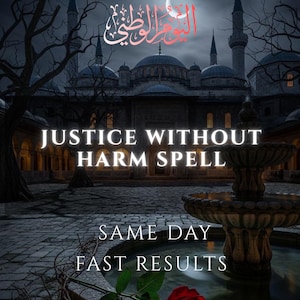 May include: A digitally created image featuring a dark, gothic-style scene with a mosque in the background. Text includes "JUSTICE WITHOUT HARM SPELL" and "SAME DAY FAST RESULTS". A fountain and a rose are in the foreground.