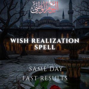 Może przedstawiać: Obraz o mrocznym, gotyckim motywie, przedstawiający duży budynek z wieloma kopułami i minaretami. Tekst "WISH REALIZATION SPELL" jest wyraźnie wyświetlany, wraz z "SAME DAY FAST RESULTS". Fontanna i czerwona róża znajdują się na pierwszym planie.