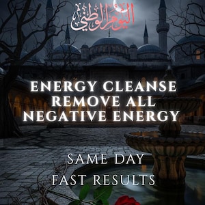 May include: A night scene featuring a mosque and a fountain. The image includes text: "ENERGY CLEANSE REMOVE ALL NEGATIVE ENERGY" and "SAME DAY FAST RESULTS". A red rose is in the foreground.