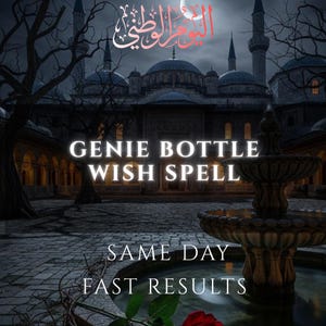 Puede incluir: Imagen digital con un tema gótico, con una mezquita al fondo. La superposición de texto dice "GENIE BOTTLE WISH SPELL" y "SAME DAY FAST RESULTS". Una rosa roja está en primer plano.