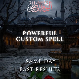 Puede incluir: Imagen nocturna de una mezquita con el texto "POWERFUL CUSTOM SPELL" y "SAME DAY FAST RESULTS". Una fuente y una rosa roja en primer plano, con una luna creciente en el cielo. Tema místico.