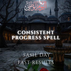Pode incluir: Imagem digital de uma mesquita com cúpulas e minaretes sob um céu escuro e nublado. O texto "CONSISTENT PROGRESS SPELL" é exibido em destaque, juntamente com "SAME DAY FAST RESULTS". Uma rosa vermelha está em primeiro plano.