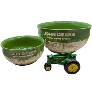 John Deere Johnny Popper Tractor Ceramic Mixing Bowl Set with Figurine Green