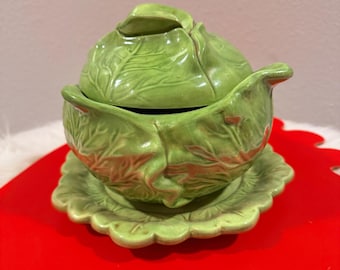 Holland Mold Cabbage Vegetable Covered Dish with Saucer Green Ceramic