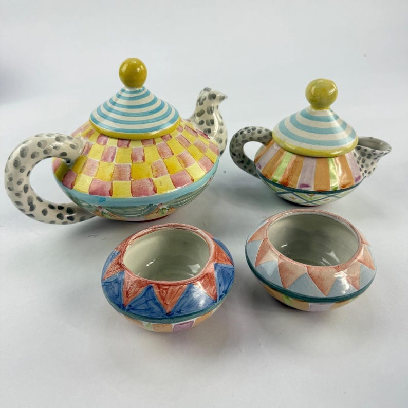 Zestaw do herbaty MacKenzie-Childs Whimsical Ceramic Tea Set Imrie Pattern Wallcourt HTF 6-częściowy zdjęcie 3
