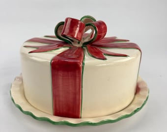 Portugal Ceramics Ribbons N Bows Christmas Cake Dome Platter Vintage 1998 Gift