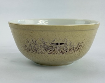 Bol para mezclar Pyrex Forest Fancies 403 Mushroom de estilo vintage, 2,5 cuartos de galón, color marrón tostado moteado.