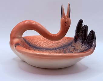 Vintage 1983 Deco Designs Ceramic Swan Trinket Dish Peach Black Art Deco Revival