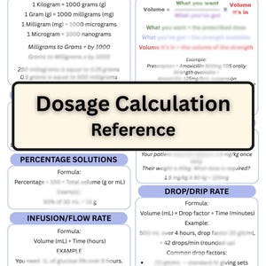 Dosage Calculation Reference, Nursing & Medical Math Cheat Sheet, IV Drip, Conversions and Flow Rates | RapidRef