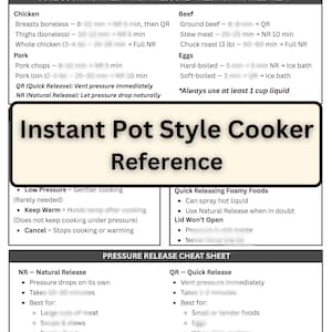 Op de afbeelding: Een referentiekaart voor een elektrische snelkookpan in Instant Pot-stijl. De kaart geeft kooktijden voor kip, rundvlees en varkensvlees, evenals instructies voor het vrijgeven van druk. Er staan ook tips op voor het gebruik van de pan.