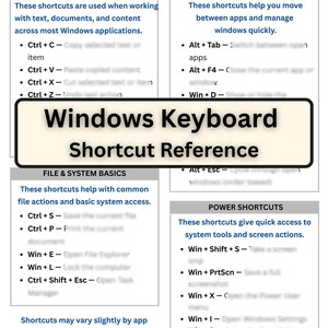 May include: A reference guide titled "Windows Keyboard Shortcut Reference" detailing keyboard shortcuts for text editing, app navigation, file basics, and power functions. The guide is white with blue text and a black border.
