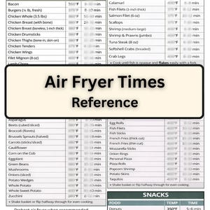 Tarjeta de referencia de tiempos de cocción para freidora de aire / Guía fácil para freidora de aire / Hoja de trucos de cocina imprimible / Descarga digital