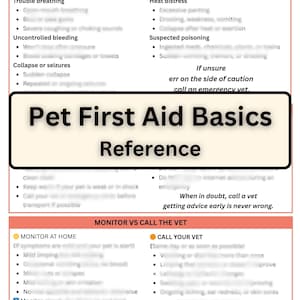 Puede incluir: Una guía de referencia "Pet First Aid Basics" con signos de emergencia, como dificultad respiratoria y golpe de calor. Indica cuándo monitorear en casa o llamar al veterinario. Un recurso útil para dueños de mascotas.