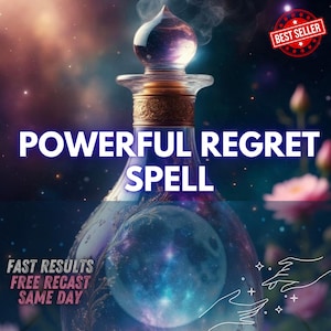 Puede incluir: Una botella de vidrio con un tapón decorativo, con el texto "POWERFUL REGRET SPELL". La botella tiene un diseño celestial en el interior, con las palabras "FAST RESULTS FREE RECAST SAME DAY" y una insignia de "BEST SELLER".
