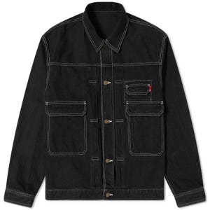 Svart denim utilityjacka - Kontrastsömmar, arbetskläder, minimalistisk kappa