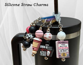 Silicone Straw Charms for Stanley Tumblers – Coffee, True Crime, Motivational Designs
