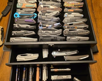Large 3-Tier Wooden Pocket Knife Organizer with Glass Lid & Drawers | Knife Display Box | Pocket Knife Storage | Unique Knife Display