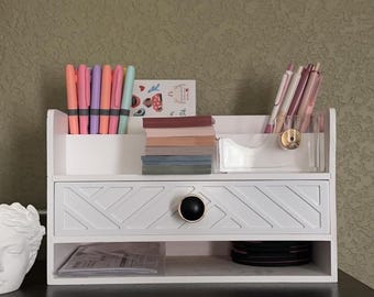 Wooden Desk Organizer and Accessories with Drawer | Stationary Organizer | Desk Accessories | Supply Organizer | Pen Holder | Desk Storage