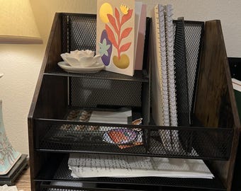 4-Tier Wood & Metal Mesh File Organizer with Drawers and Pen Holder | Desk Organizer | Office Desk Storage | Desk Accessories | File Holder