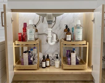2-Tier Adjustable Bamboo Under-Sink Organizer | Cabinet Storage | Bathroom Organizer | Sliding Shelf | Under Cabinet | Pantry Storage