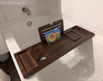 Wooden Luxury Bath Tray with Expandable Handles | Bathroom Tray | Bathroom Storage | Bathroom Accessories | Bath Caddy Tray | Bath Board