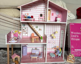 Wooden Doll House with 31Pcs Furniture & Accessories | Modern Dollhouse | Handmade Dollhouse | Furnished Dollhouse | Diy Doll House