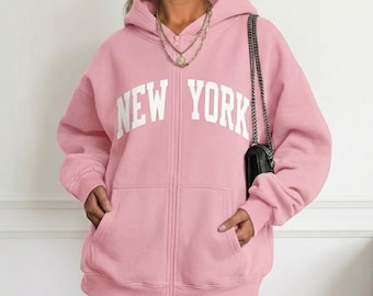 Women's New York Graphic Zip Up Hoodie Oversized Fleece Hooded Jacket with Pockets | Printed Hoodie Women | Graphic Hoodie Women | 5 Colors