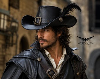 May include: A black leather hat with a wide brim, a decorative metal buckle on the band, and a black feather accent. The hat features a structured crown and is paired with a black leather garment with metal hardware and the text ZYQUORA INDUSTRY.
