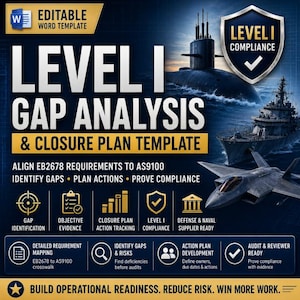 May include: A navy blue and gold template with the words "LEVEL I GAP ANALYSIS & CLOSURE PLAN TEMPLATE". The template includes icons and text for gap identification, objective evidence, and action tracking. A submarine, a warship, and a fighter jet are also featured.