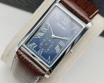 Vintage Seiko Slim Tank Men's Wrist Watch Quartz-Brown Leather Strap