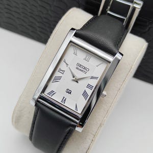 Vintage Seiko Slim Tank herrarmbandsur vit klocka - läderarmband