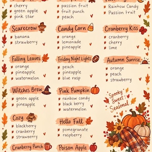 Puede incluir: Un letrero de menú de otoño con una lista de sabores de bebidas como Candy Apple, Campfire y Witches Brew. El fondo de color crema está decorado con calabazas naranjas, hojas de otoño y una taza de chocolate caliente.
