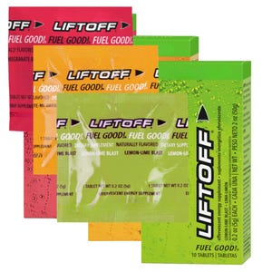 Puede incluir: Varios paquetes y cajas del suplemento energ&eacute;tico efervescente "Liftoff". Los paquetes son rojos, naranjas y verdes, con el texto "Fuel Good!" y descripciones de sabores. La caja verde contiene 10 tabletas.