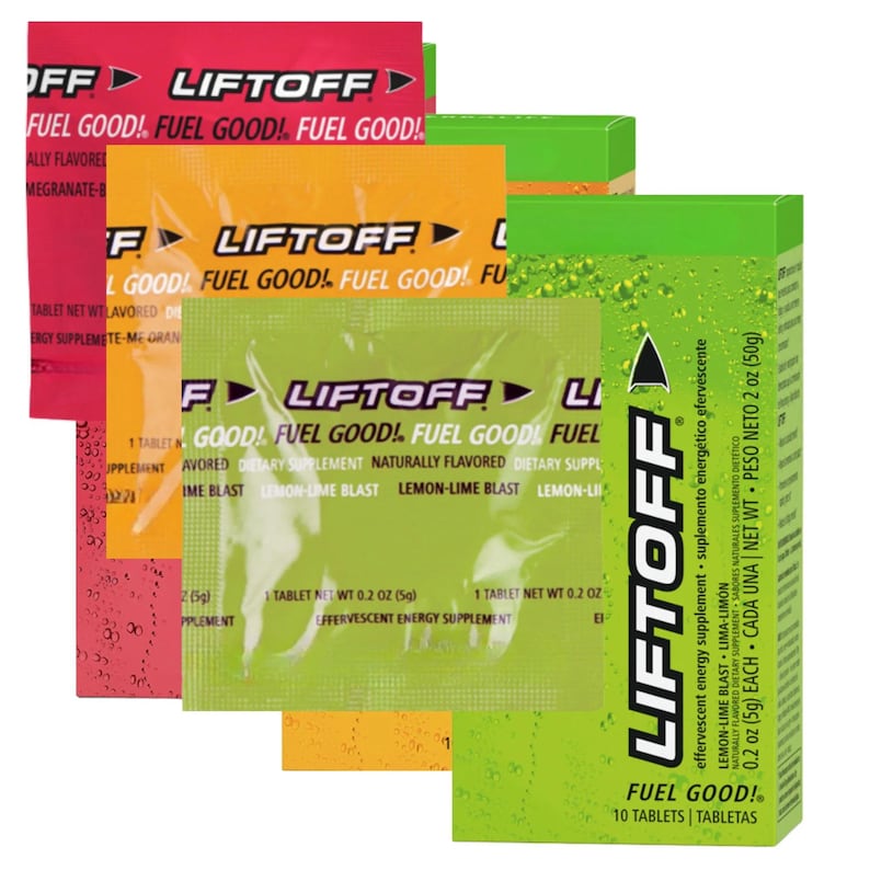 Puede incluir: Varios paquetes y cajas del suplemento energ&eacute;tico efervescente "Liftoff". Los paquetes son rojos, naranjas y verdes, con el texto "Fuel Good!" y descripciones de sabores. La caja verde contiene 10 tabletas.