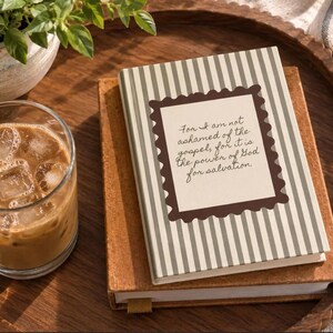 Cottage Core Customizeable Bible Study Journal – Brown Green Striped Cover, Prayer Notes (5.75"x8")