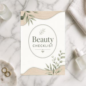 May include: A rectangular card featuring the text Beauty CHECKLIST centered within a thin circular frame. The design includes light wood grain patterns at the top and bottom corners, accented with delicate green leaf illustrations on a white background.