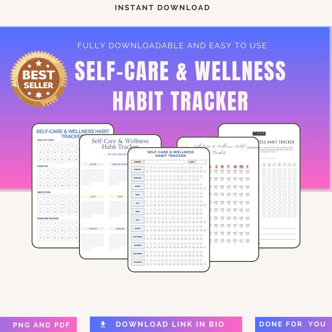 Self-care Wellness Habit Tracker PNG PDF Daily Glow up Routine Minimalist Mindfulness Journal ...
