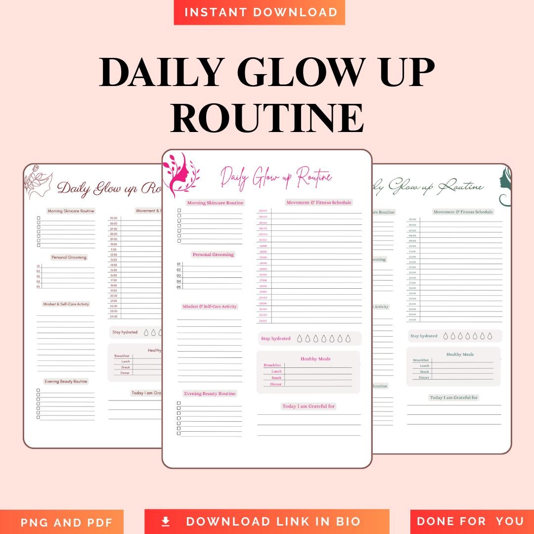Daily Glow up Routine PNG PDF Aesthetic Skincare Wellness Habit Tracker ...