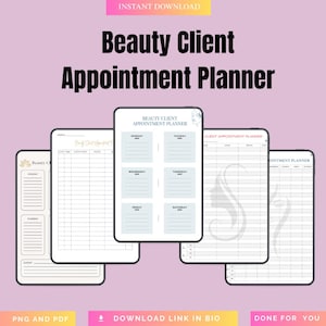 Puede incluir: Un planificador de citas digital para clientes de belleza con un fondo morado claro. El planificador incluye plantillas para la programación diaria, semanal y de citas de clientes. El texto en la imagen incluye "Beauty Client Appointment Planner" y "Instant Download."