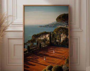 Vintage Tennis Art Print, French Riviera Clay Court Poster, Old Money Aesthetic Decor, Preppy Wall Art, Euro Summer Landscape