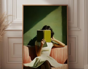 Frau liest Buch Wand Kunst Druck, Vintage Style Reader Poster, Rosa Sofa und Grüne Wand Retro Dekor, Buch Liebhaber Geschenk, Bibliothek Dekor