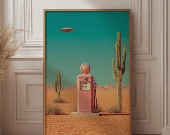 Retro Sci-Fi Desert Art, Pink Gas Pump Print, Pastel Landscape Wall Art, Teal Sky & UFO Poster, Quirky Saguaro Cactus, Cinematic Decor