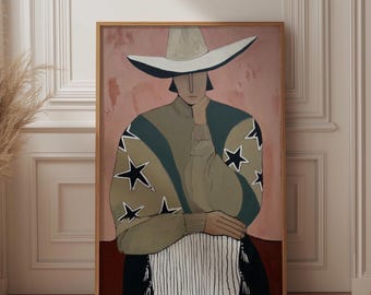 Abstract Cowboy Wall Art, Star Jacket Western Print, Pink Background Poster, Modern Folk Art Decor, Stylized Ranch Art, Eclectic Western