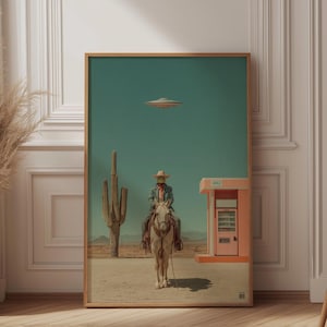 Cowboy Frog on Horse Print, Wes Anderson Style, UFO Desert Art, Pink Vending Machine Poster, Retro Sci-Fi Western, Funny Animal Wall Decor